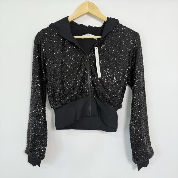 Susana Monaco Sequin Zip Hoodie Jacket Size S Black Cropped Glam‎ Streetwear - Picture 1 of 7